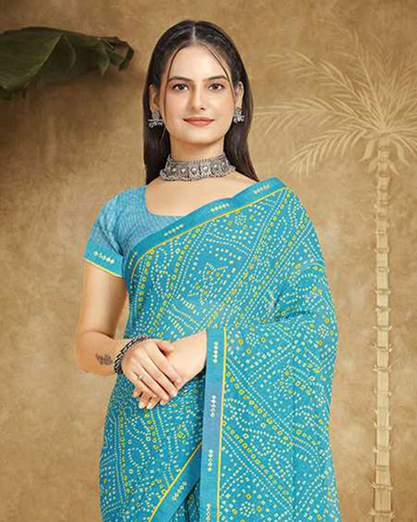 Vishal Prints Cerulean Blue Printed Georgette Bandhani Print Saree With Fancy Border