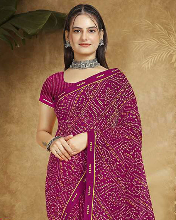 Vishal Prints Cardinal Pink Printed Georgette Bandhani Print Saree With Fancy Border