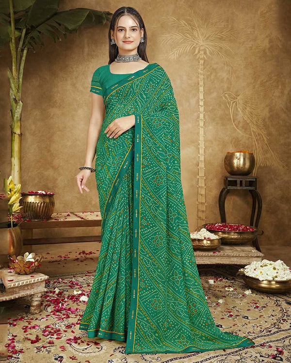 Vishal Prints Dark Sea Green Printed Georgette Bandhani Print Saree With Fancy Border