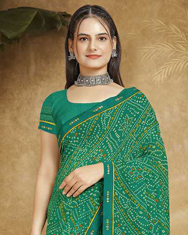 Vishal Prints Dark Sea Green Printed Georgette Bandhani Print Saree With Fancy Border