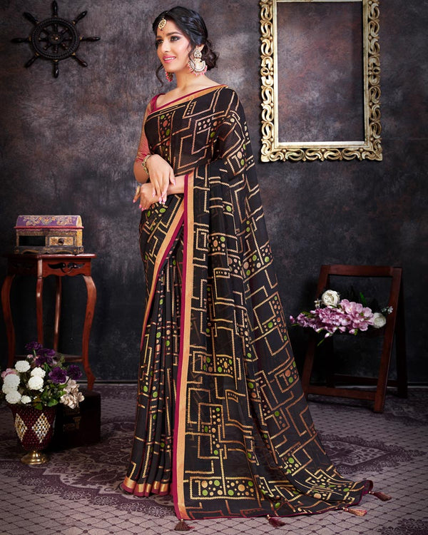 Vishal Prints Black Brasso Saree With Tassel