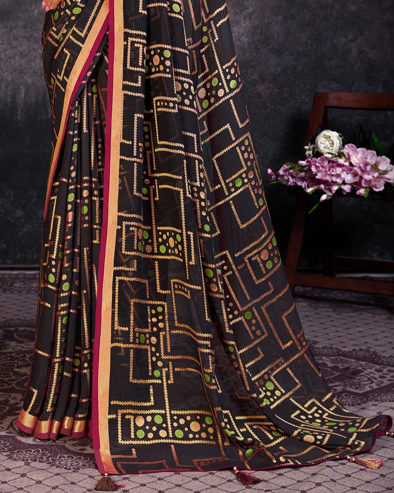 Vishal Prints Black Brasso Saree With Tassel