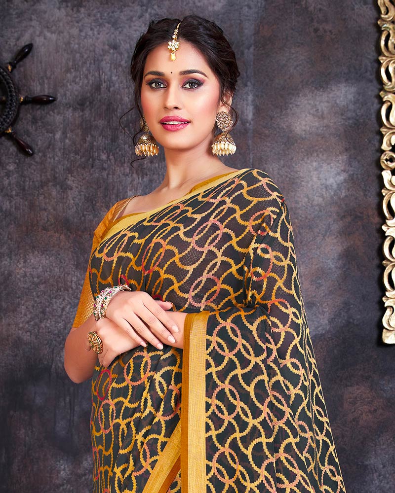 Vishal Prints Grey And Gold Brasso Saree With Tassel