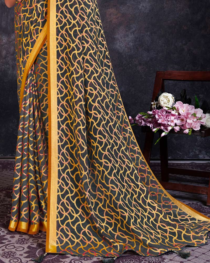 Vishal Prints Grey And Gold Brasso Saree With Tassel