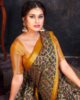 Vishal Prints Grey And Gold Brasso Saree With Tassel