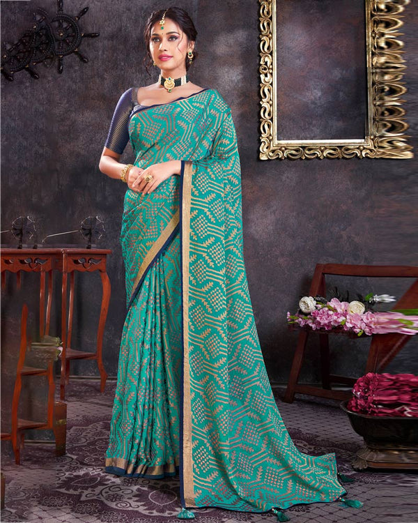 Vishal Prints Teal Brasso Saree With Tassel