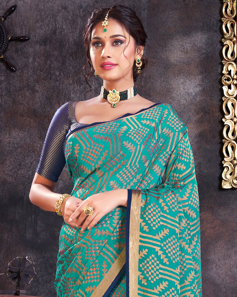 Vishal Prints Teal Brasso Saree With Tassel