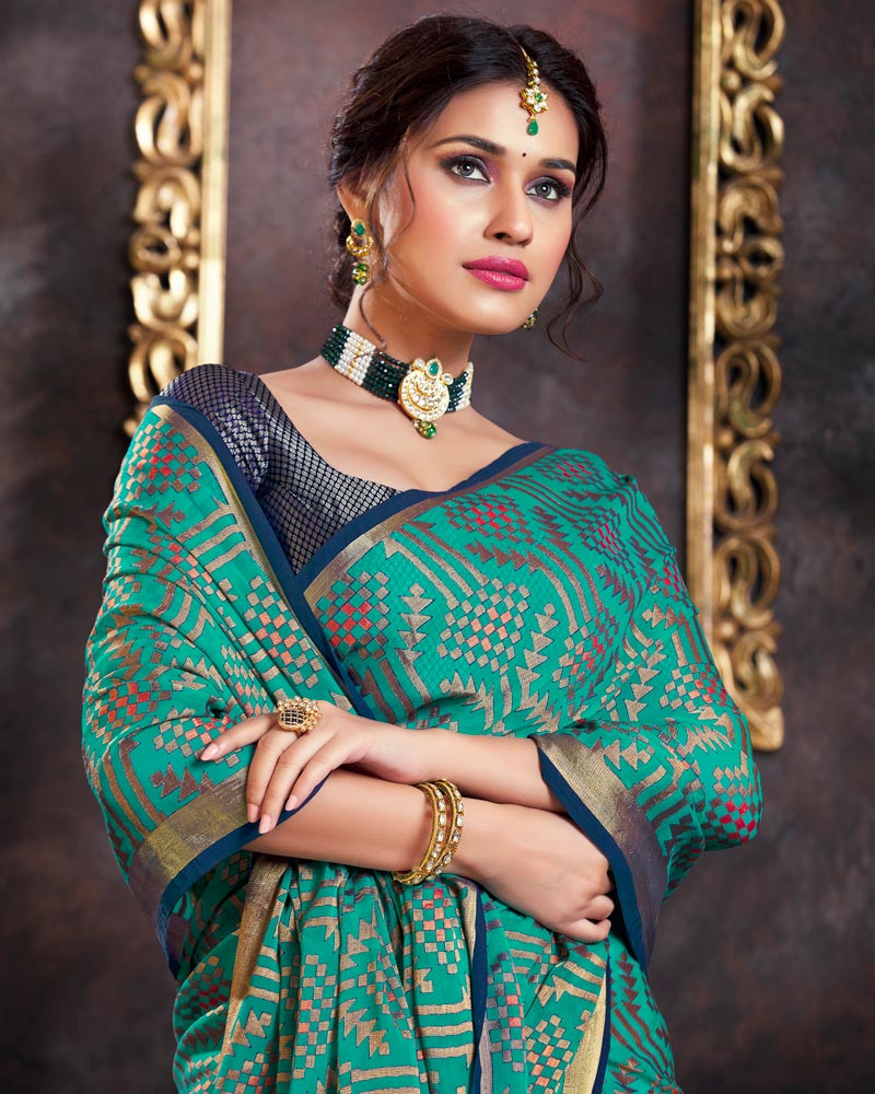 Vishal Prints Teal Brasso Saree With Tassel