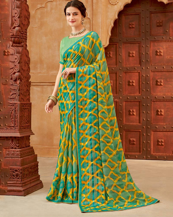 Vishal Prints Dark Mint Green Printed Patterned Brasso Saree With Fancy Border