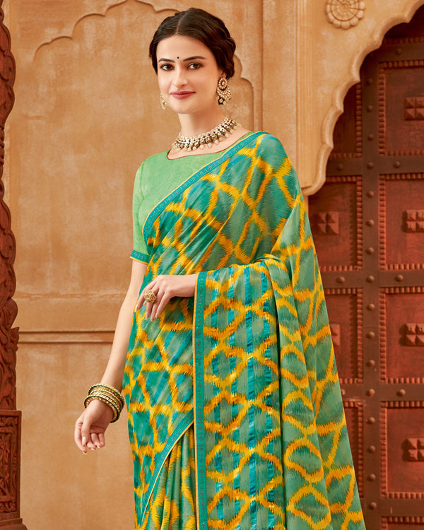 Vishal Prints Dark Mint Green Printed Patterned Brasso Saree With Fancy Border