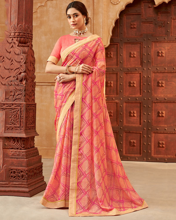 Vishal Prints Coral Pink Printed Patterned Brasso Saree With Fancy Border