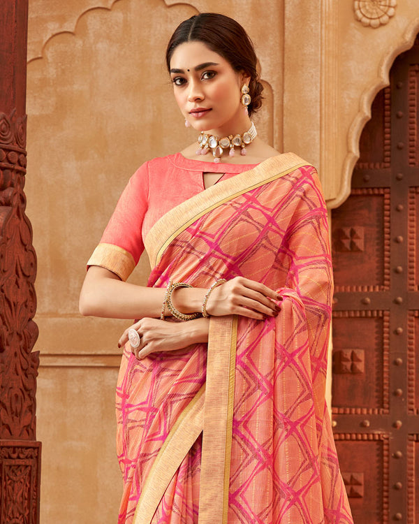 Vishal Prints Coral Pink Printed Patterned Brasso Saree With Fancy Border