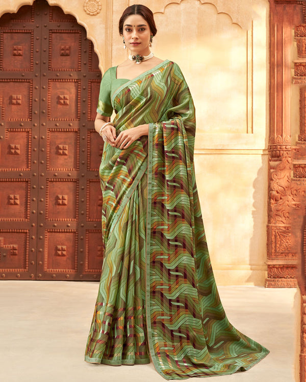 Vishal Prints Turquoise Green Printed Patterned Brasso Saree With Fancy Border