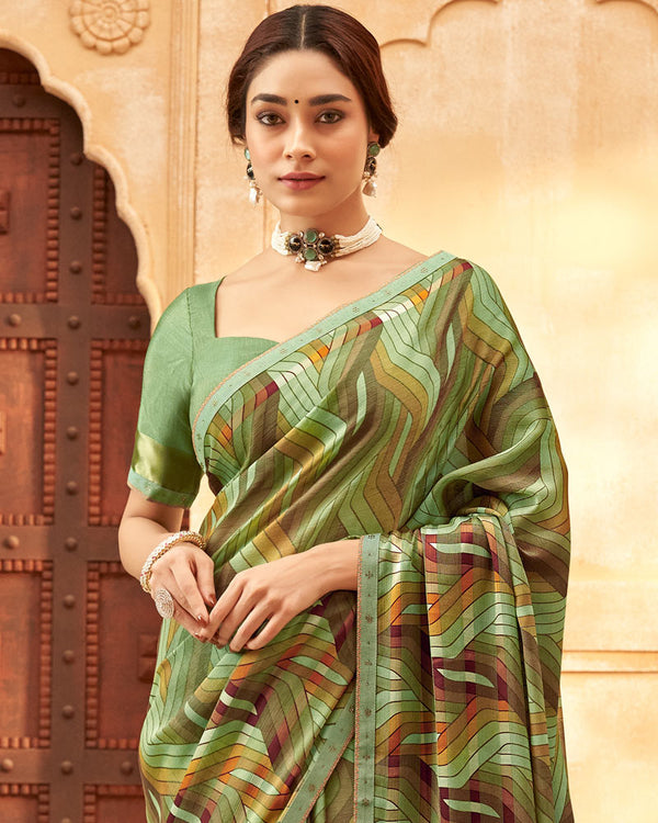 Vishal Prints Turquoise Green Printed Patterned Brasso Saree With Fancy Border