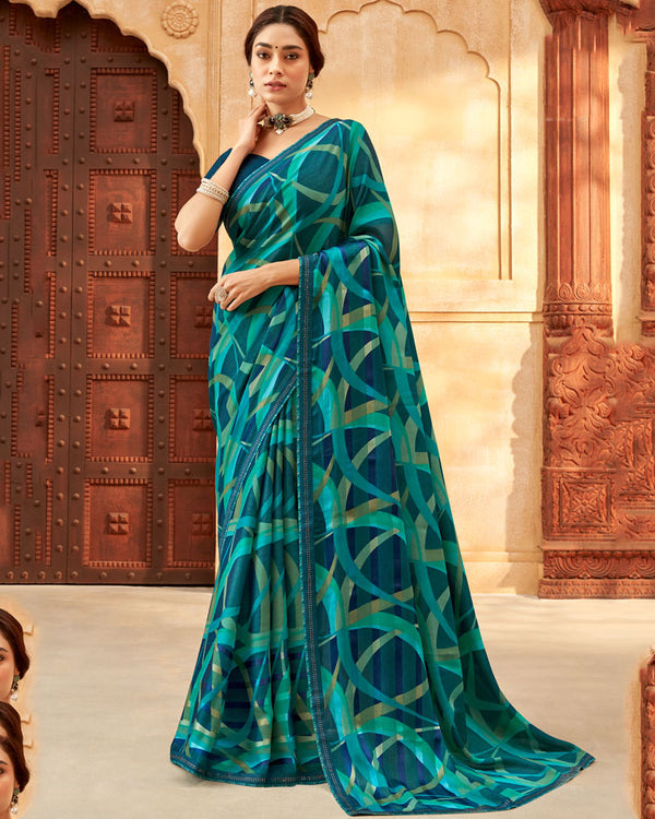 Vishal Prints Dark Teal Blue Printed Patterned Brasso Saree With Fancy Border