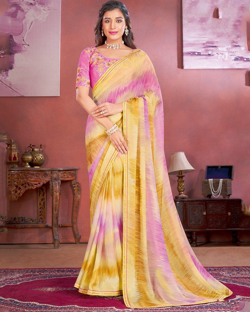 Vishal Prints Rani Designer Chiffon Saree With Fancy Embroidery Work Border