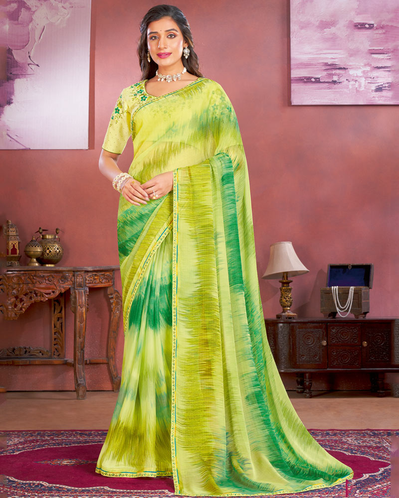 Vishal Prints Lime Yellow Designer Chiffon Saree With Fancy Embroidery Work Border