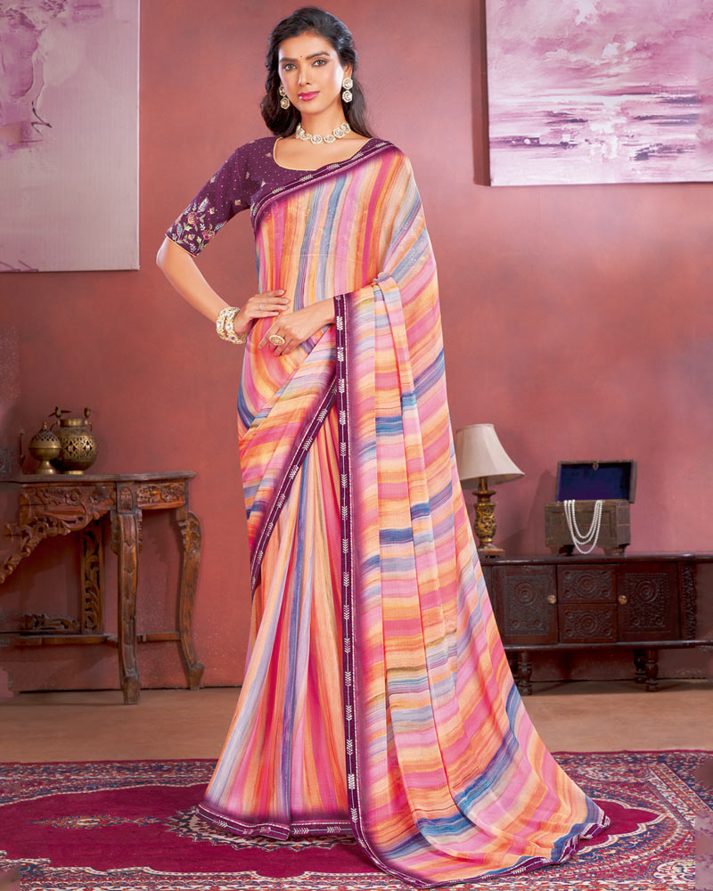 Vishal Prints Wine Designer Chiffon Saree With Fancy Embroidery Work Border