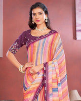 Vishal Prints Wine Designer Chiffon Saree With Fancy Embroidery Work Border