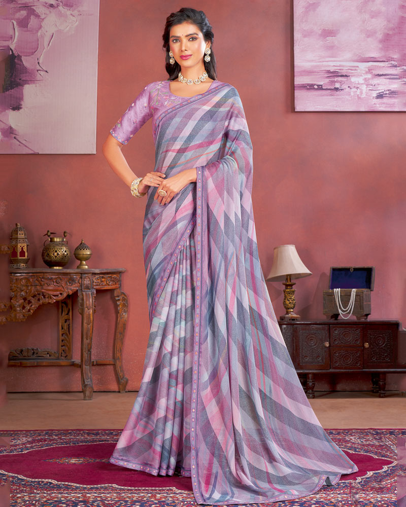 Vishal Prints Light Magenta Designer Chiffon Saree With Fancy Embroidery Work Border