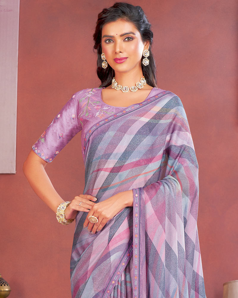 Vishal Prints Light Magenta Designer Chiffon Saree With Fancy Embroidery Work Border