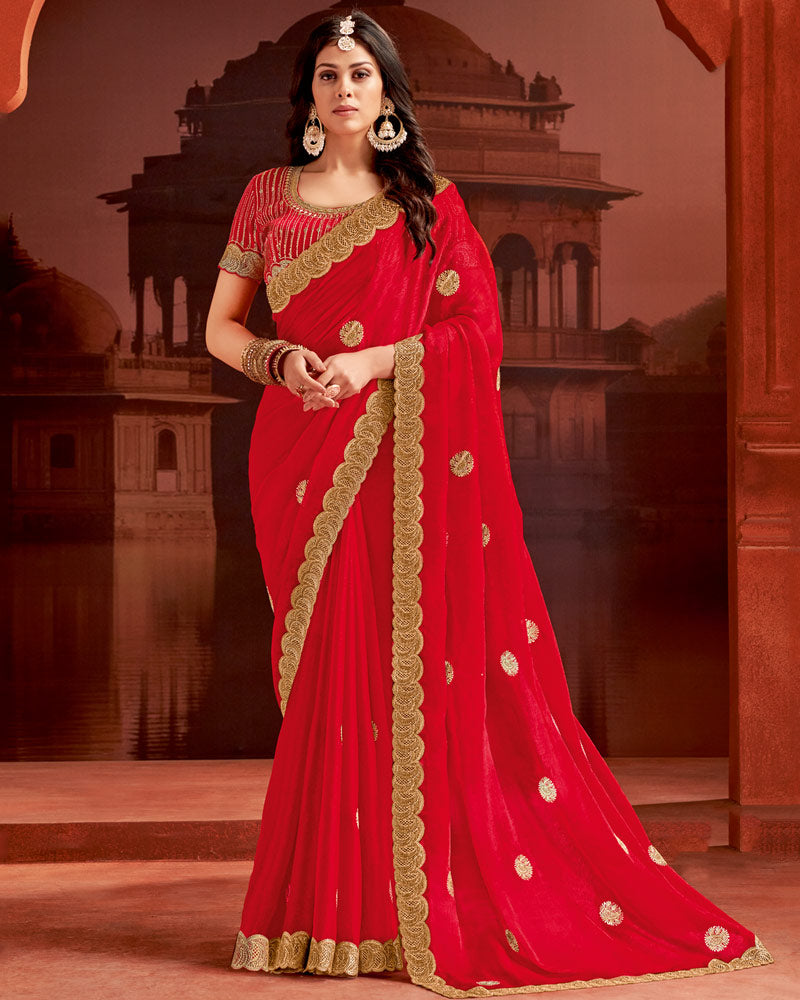 Vishal Prints Dark Red Designer Fancy Satin Saree With Embroidery Work And Cut Work Fancy Border