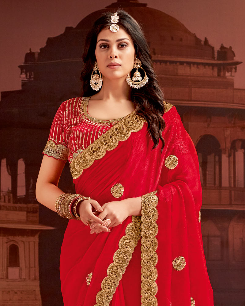 Vishal Prints Dark Red Designer Fancy Satin Saree With Embroidery Work And Cut Work Fancy Border