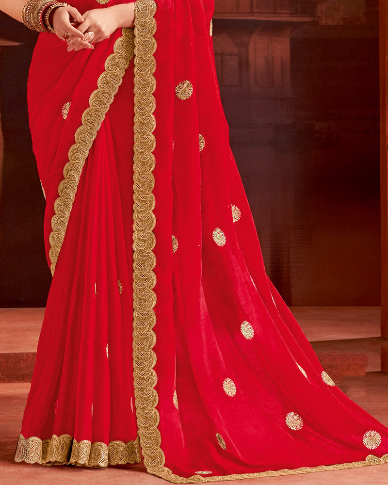 Vishal Prints Dark Red Designer Fancy Satin Saree With Embroidery Work And Cut Work Fancy Border