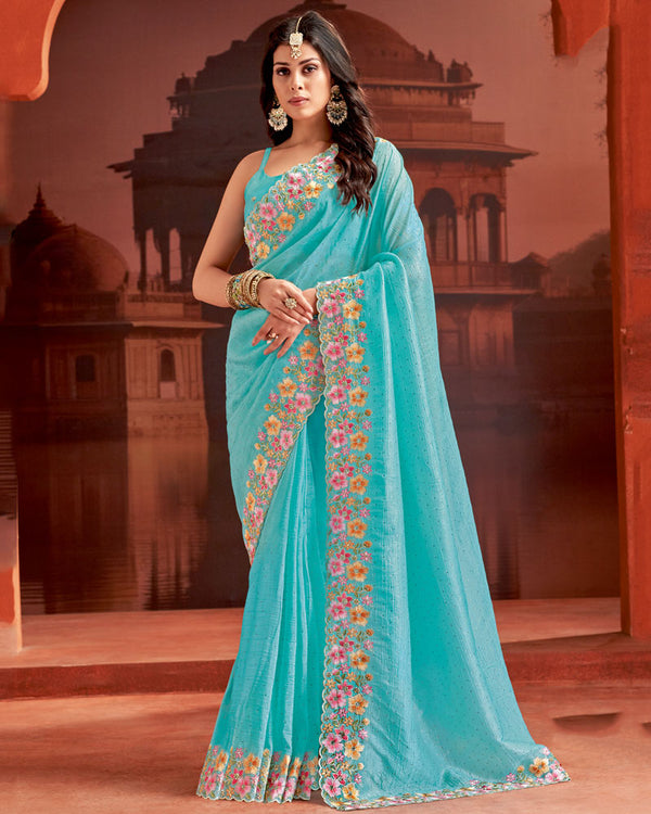 Vishal Prints Aqua Blue Designer Fancy Satin Saree With Embroidery Work And Cut Work Fancy Border