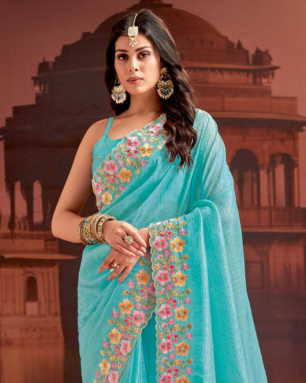 Vishal Prints Aqua Blue Designer Fancy Satin Saree With Embroidery Work And Cut Work Fancy Border