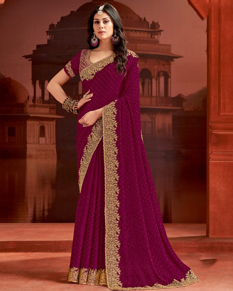 Vishal Prints Wine Designer Fancy Satin Saree With Embroidery Work And Cut Work Fancy Border