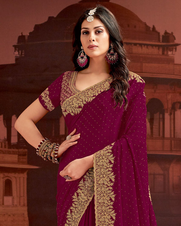 Vishal Prints Wine Designer Fancy Satin Saree With Embroidery Work And Cut Work Fancy Border