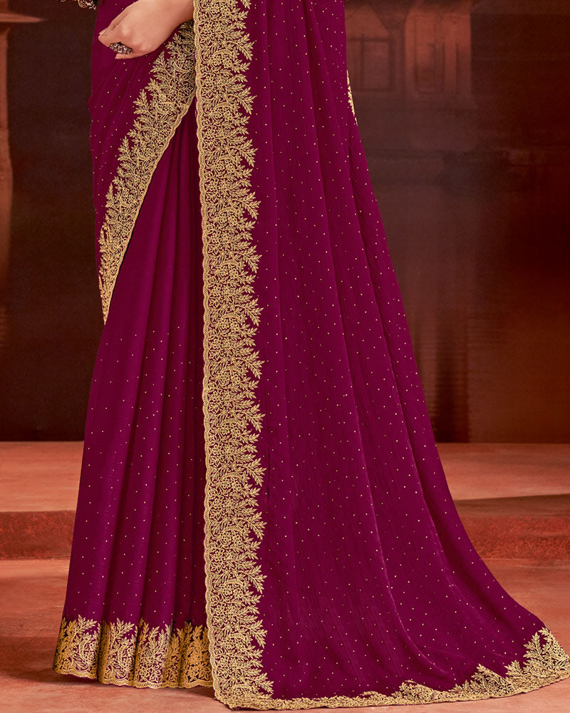 Vishal Prints Wine Designer Fancy Satin Saree With Embroidery Work And Cut Work Fancy Border