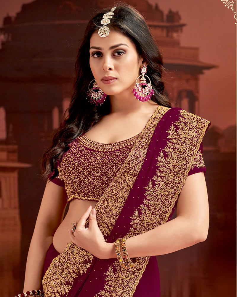 Vishal Prints Wine Designer Fancy Satin Saree With Embroidery Work And Cut Work Fancy Border