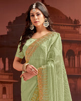 Vishal Prints Pastel Olive Green Designer Fancy Satin Saree With Embroidery Work And Cut Work Fancy Border