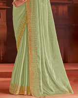 Vishal Prints Pastel Olive Green Designer Fancy Satin Saree With Embroidery Work And Cut Work Fancy Border