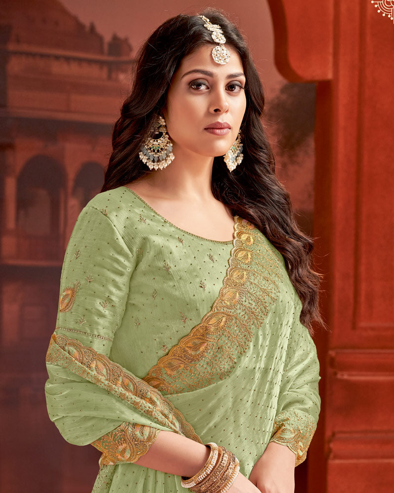 Vishal Prints Pastel Olive Green Designer Fancy Satin Saree With Embroidery Work And Cut Work Fancy Border