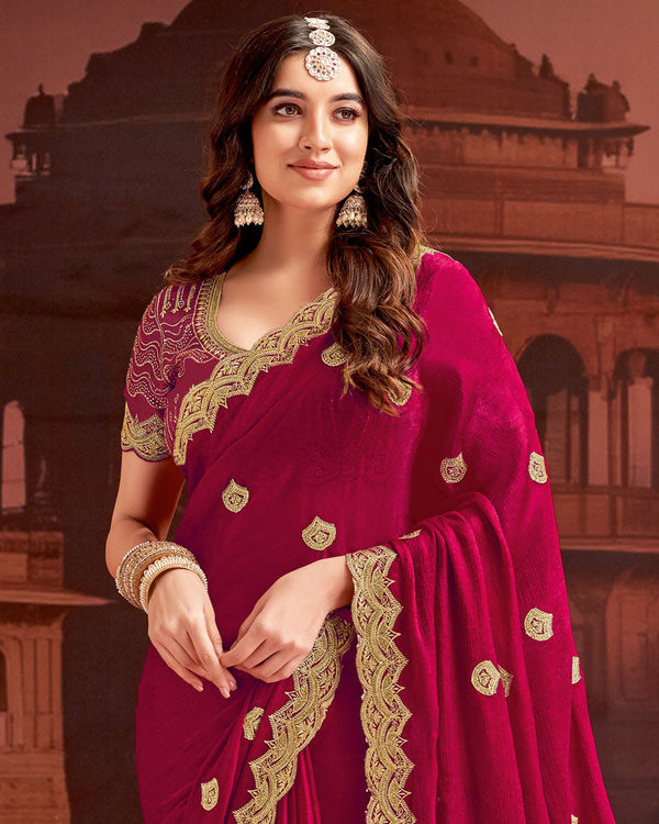 Vishal Prints Burgundy Designer Fancy Satin Saree With Embroidery Work And Cut Work Fancy Border