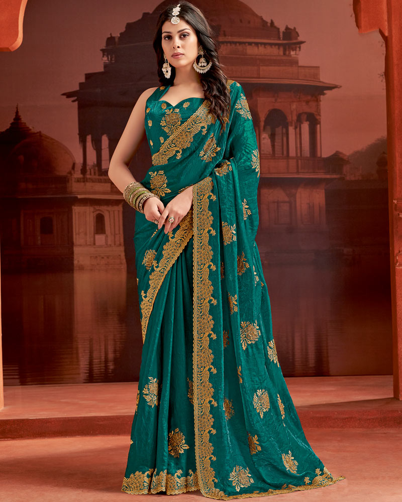 Vishal Prints Rama Green Designer Fancy Satin Saree With Embroidery Work And Cut Work Fancy Border