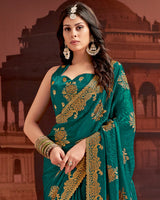 Vishal Prints Rama Green Designer Fancy Satin Saree With Embroidery Work And Cut Work Fancy Border