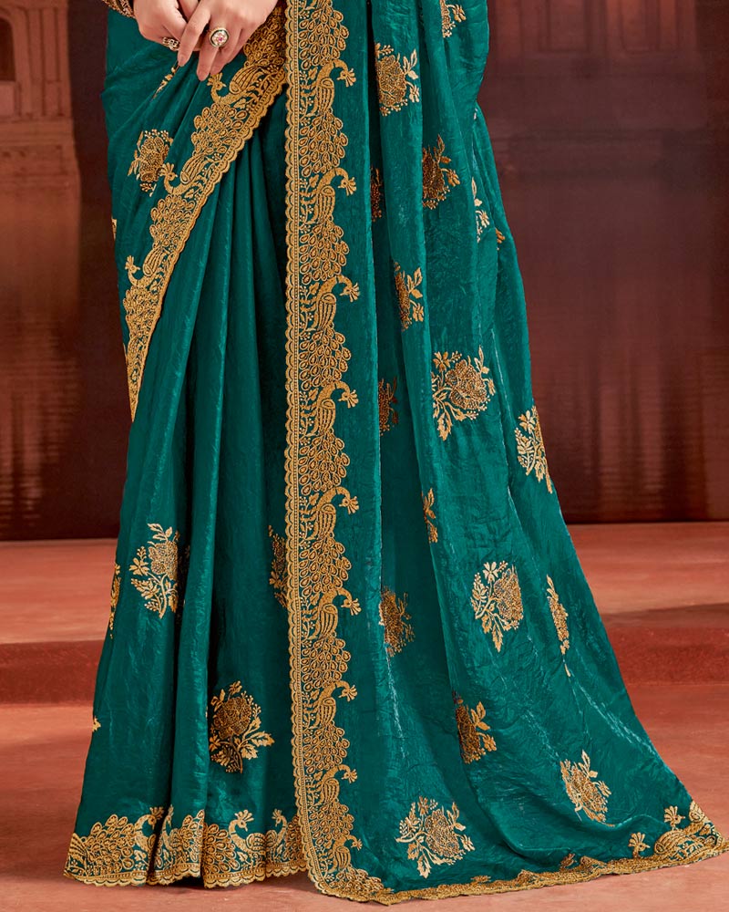 Vishal Prints Rama Green Designer Fancy Satin Saree With Embroidery Work And Cut Work Fancy Border