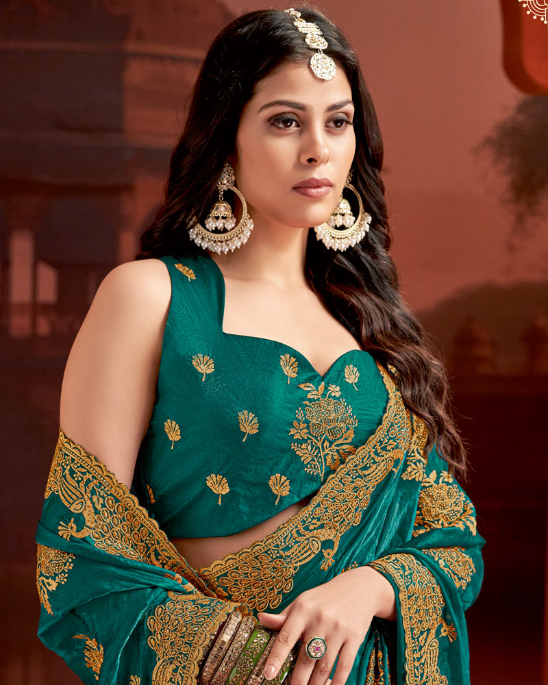 Vishal Prints Rama Green Designer Fancy Satin Saree With Embroidery Work And Cut Work Fancy Border