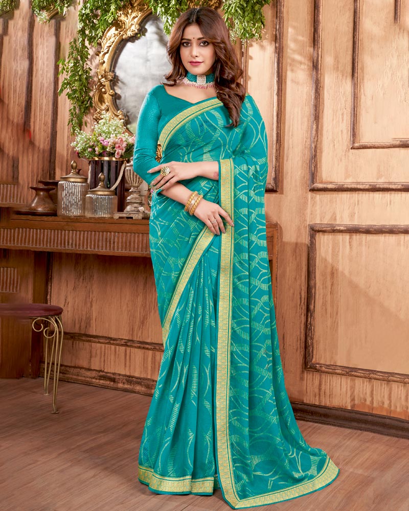 Vishal Prints Teal Blue Brasso Saree With Stone Work And Zari Border