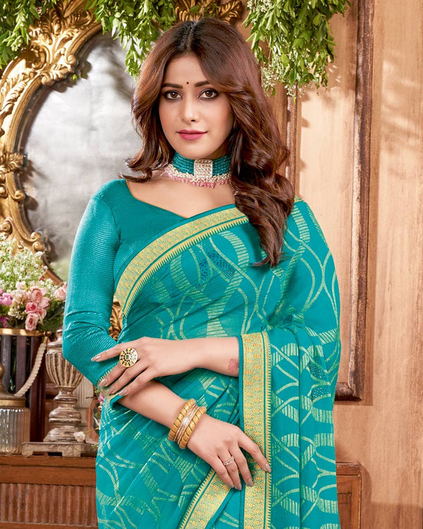 Vishal Prints Teal Blue Brasso Saree With Stone Work And Zari Border