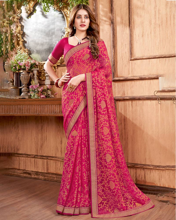 Vishal Prints Burgundy Brasso Saree With Stone Work And Zari Border