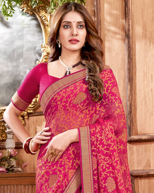 Vishal Prints Burgundy Brasso Saree With Stone Work And Zari Border