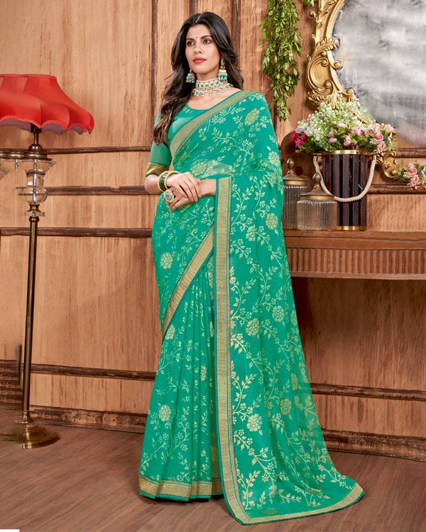 Vishal Prints Aqua Green Brasso Saree With Stone Work And Zari Border