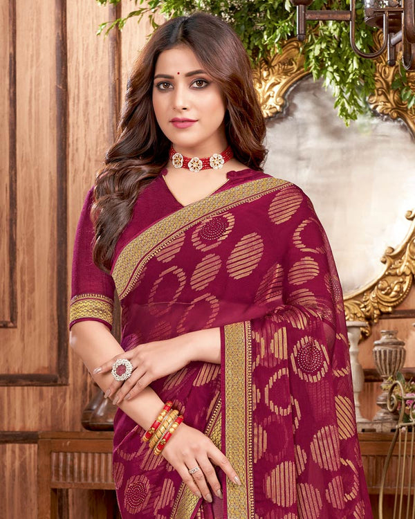 Vishal Prints Wine Brasso Saree With Stone Work And Zari Border