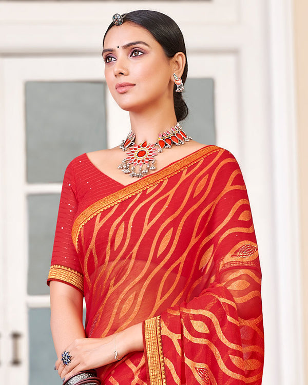 Vishal Prints Cherry Red Brasso Saree With Diamond Work And Zari Border