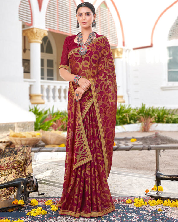 Vishal Prints Burgundy Brasso Saree With Diamond Work And Zari Border